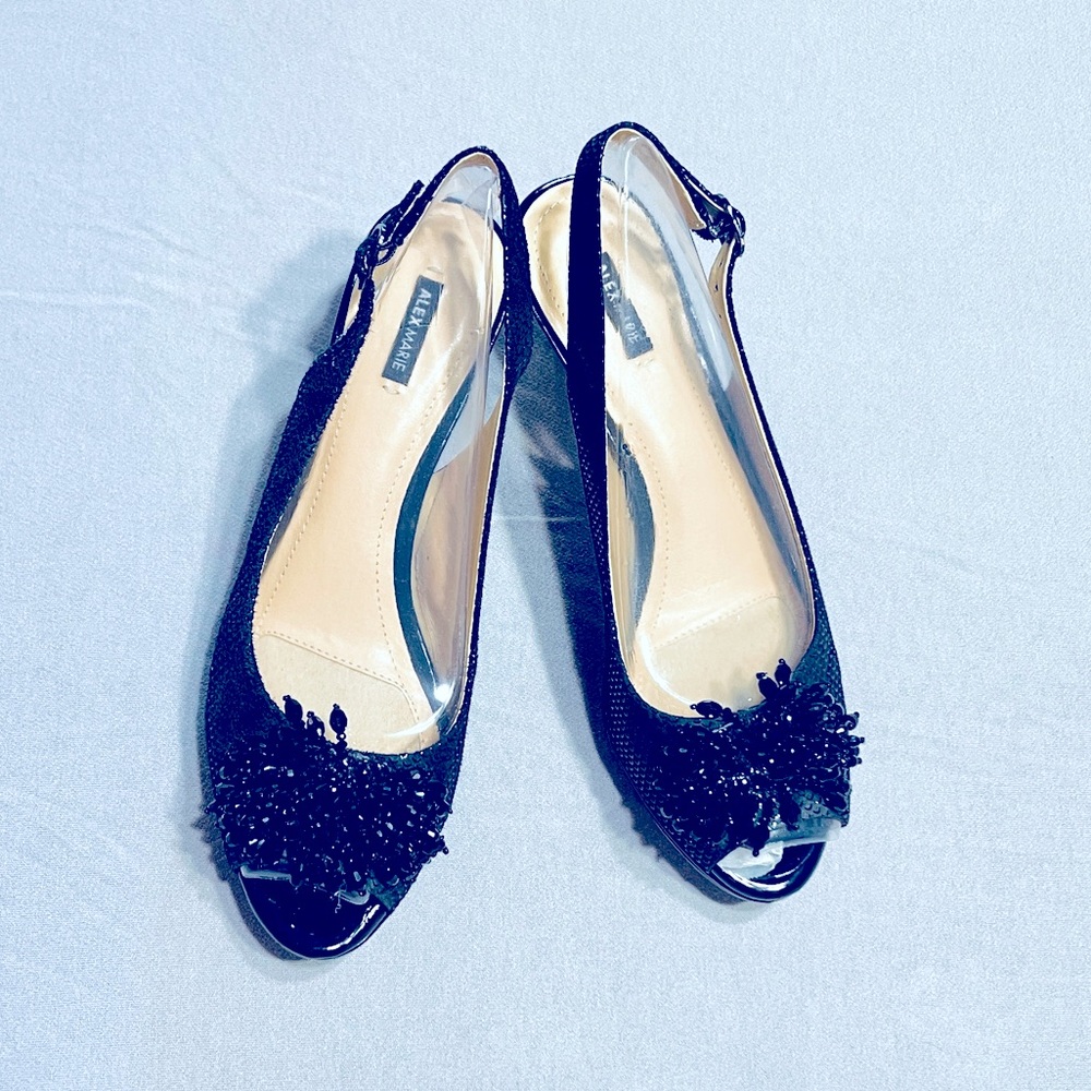 Alex Marie Heels Size 9 1/2. Black, Open toe Beaded detail toe